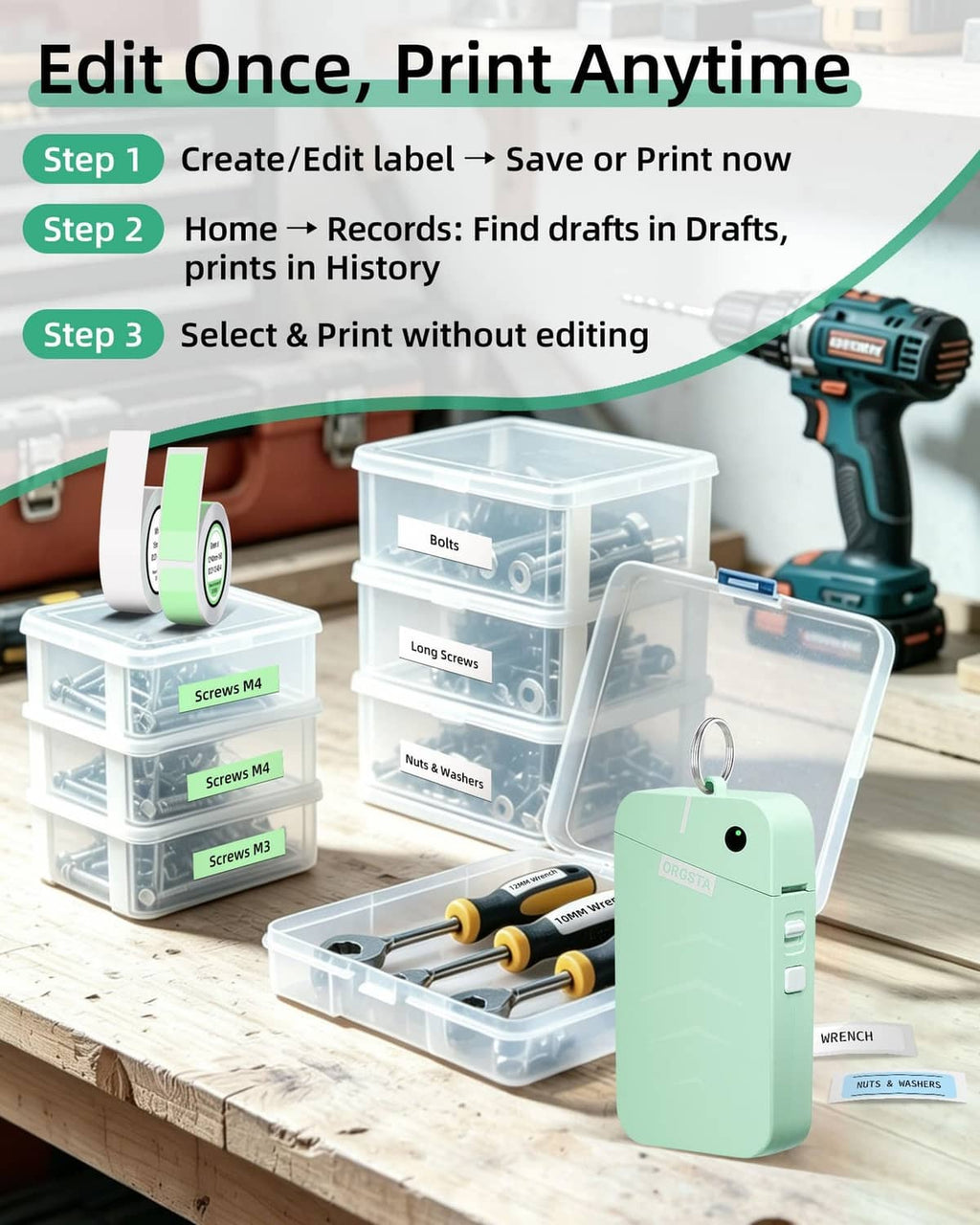 Green label maker in clear organizer box with spare tape rolls on workbench