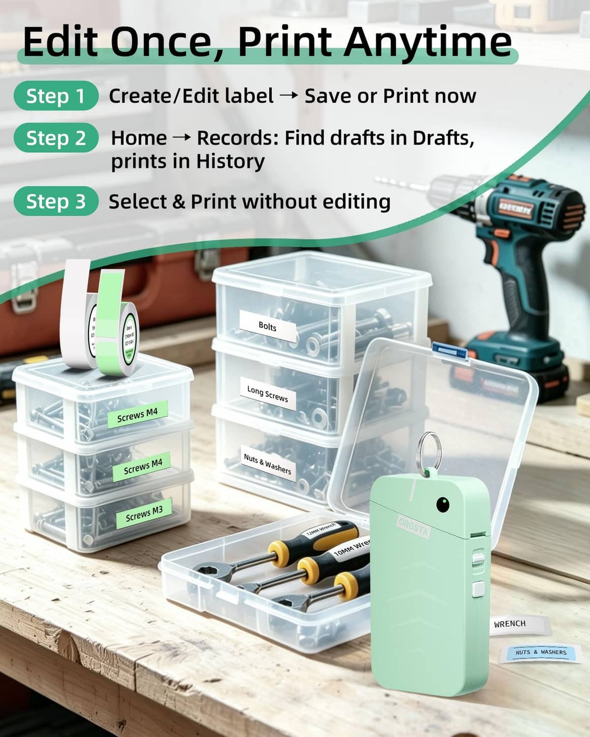 Green label maker in clear organizer box with spare tape rolls on workbench