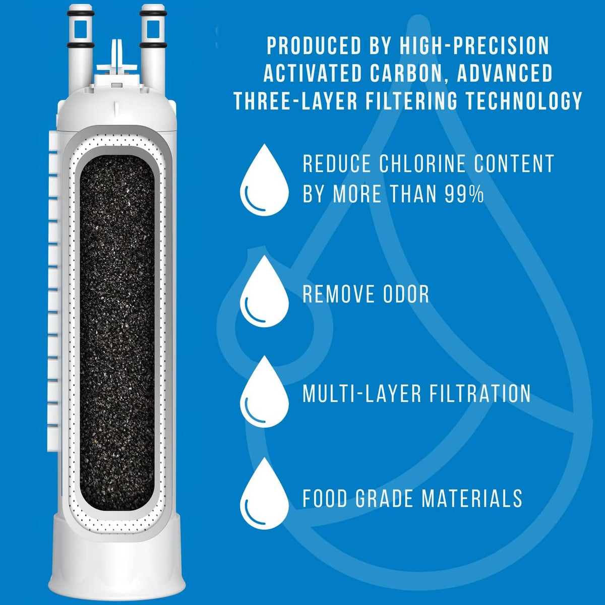 White water filter cartridge with multi-layer filtration feature icons
