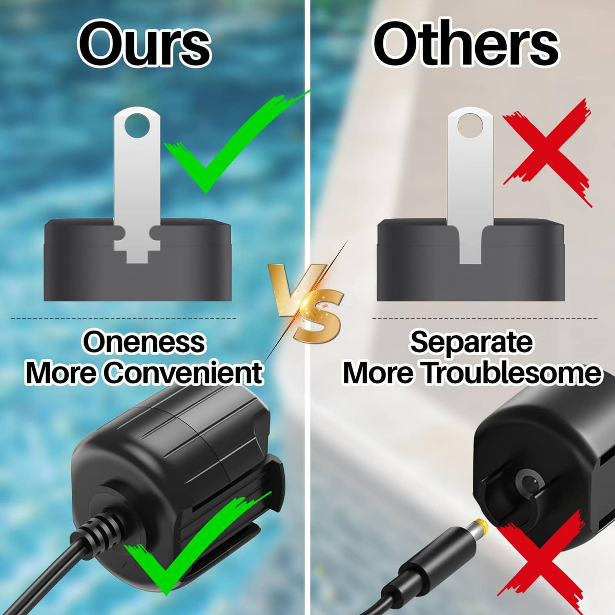 Black charging adapter with integrated cable housing and green indicator light