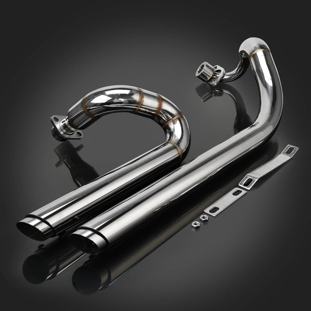 Chrome exhaust pipe system with twin mufflers and curved header pipes