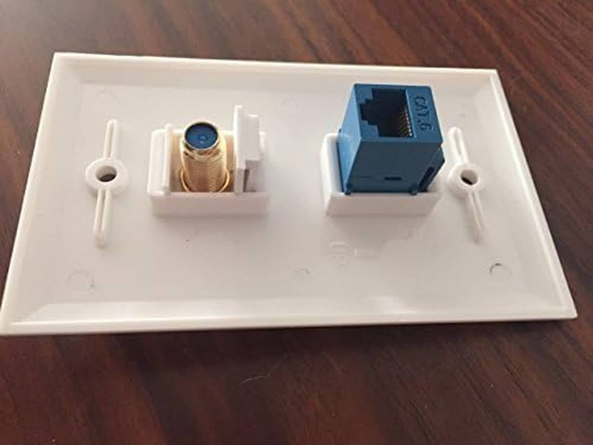 Recessed wall plate interior with blue RJ45 module and gold coax F-type connector