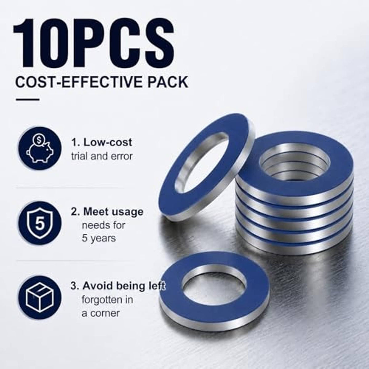 Pack of blue oil drain plug gasket washers, stacked with center holes