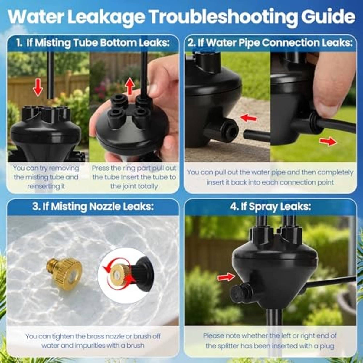 Misting system troubleshooting guide showing black splitter and nozzle tube connections