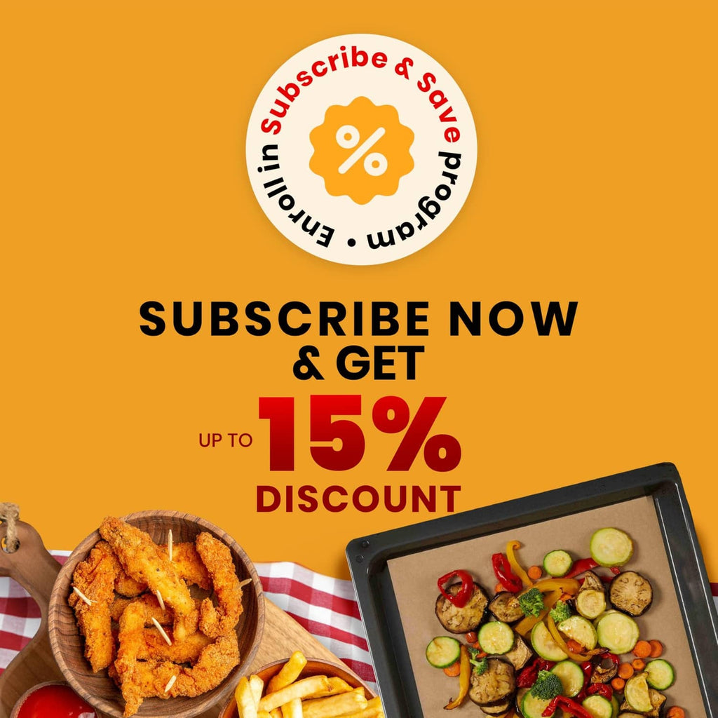 Baking parchment promotional graphic with discount text and tray of prepared food