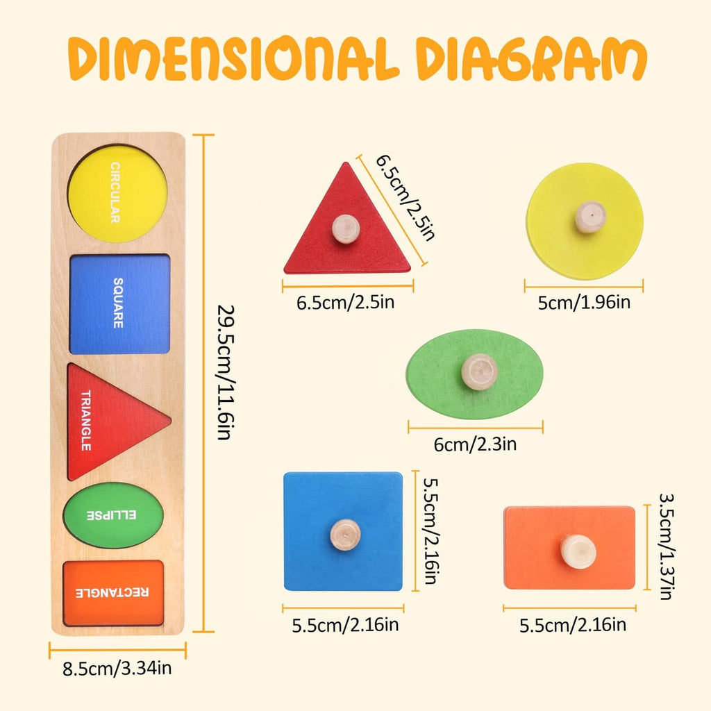 Dimensional diagram of wooden knob shape puzzle showing measured shapes and heights