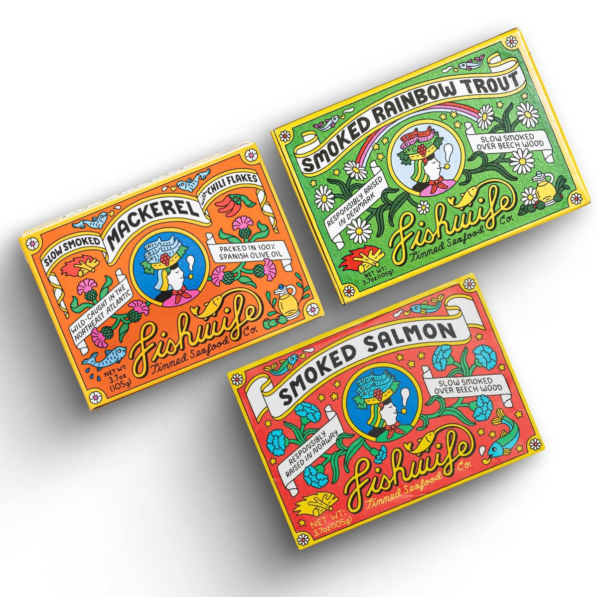Fishwife smoky trio 3-pack with Smoked Rainbow Trout, Mackerel, and Smoked Salmon tins