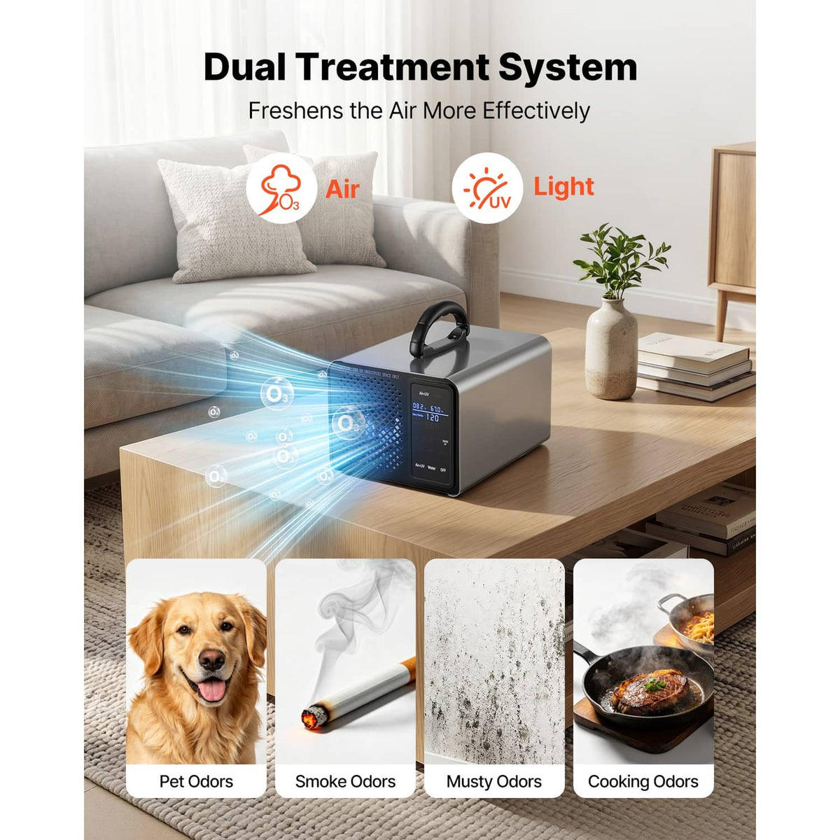 Ozone generator on table with touchscreen, airflow lights, and illustrated odor icons