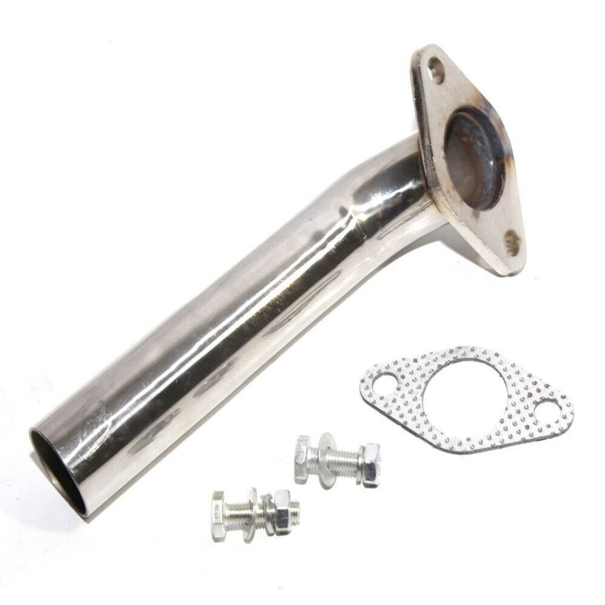 Stainless-steel turbo dump tube with side flange opening and included gasket and bolts