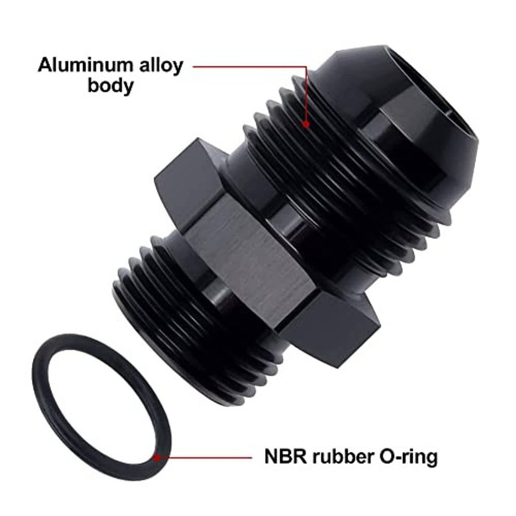 Black aluminum body AN adapter fitting with NBR O-ring seal and threaded ends