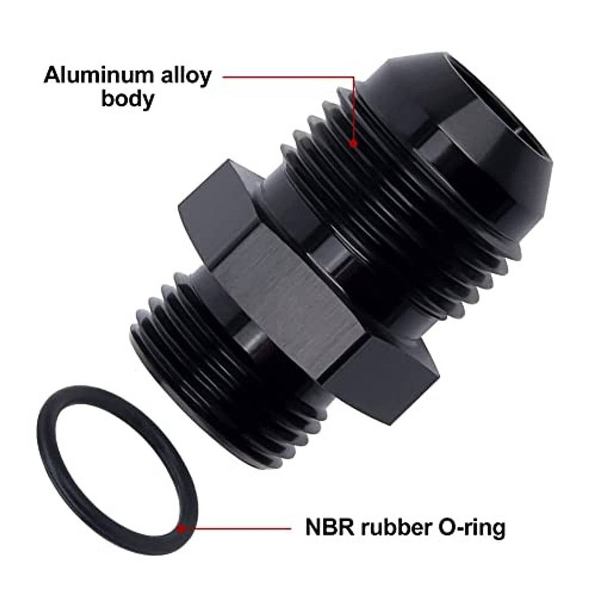 Black aluminum body AN adapter fitting with NBR O-ring seal and threaded ends