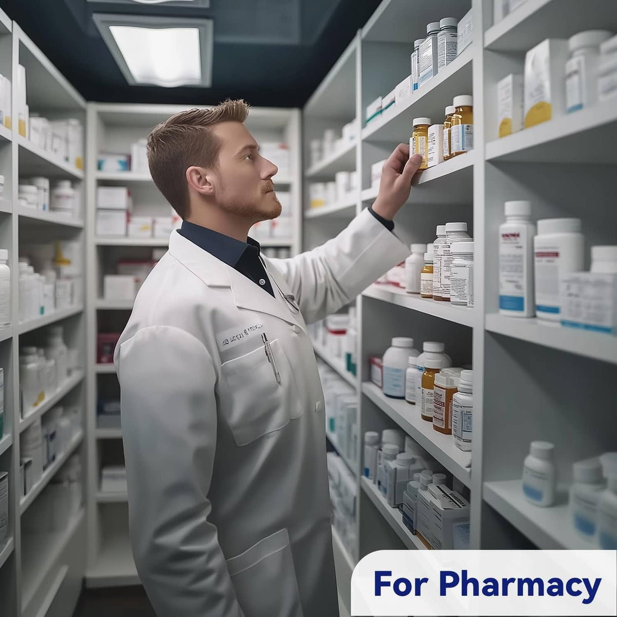 Pharmacist in white coat reaching into medication shelf