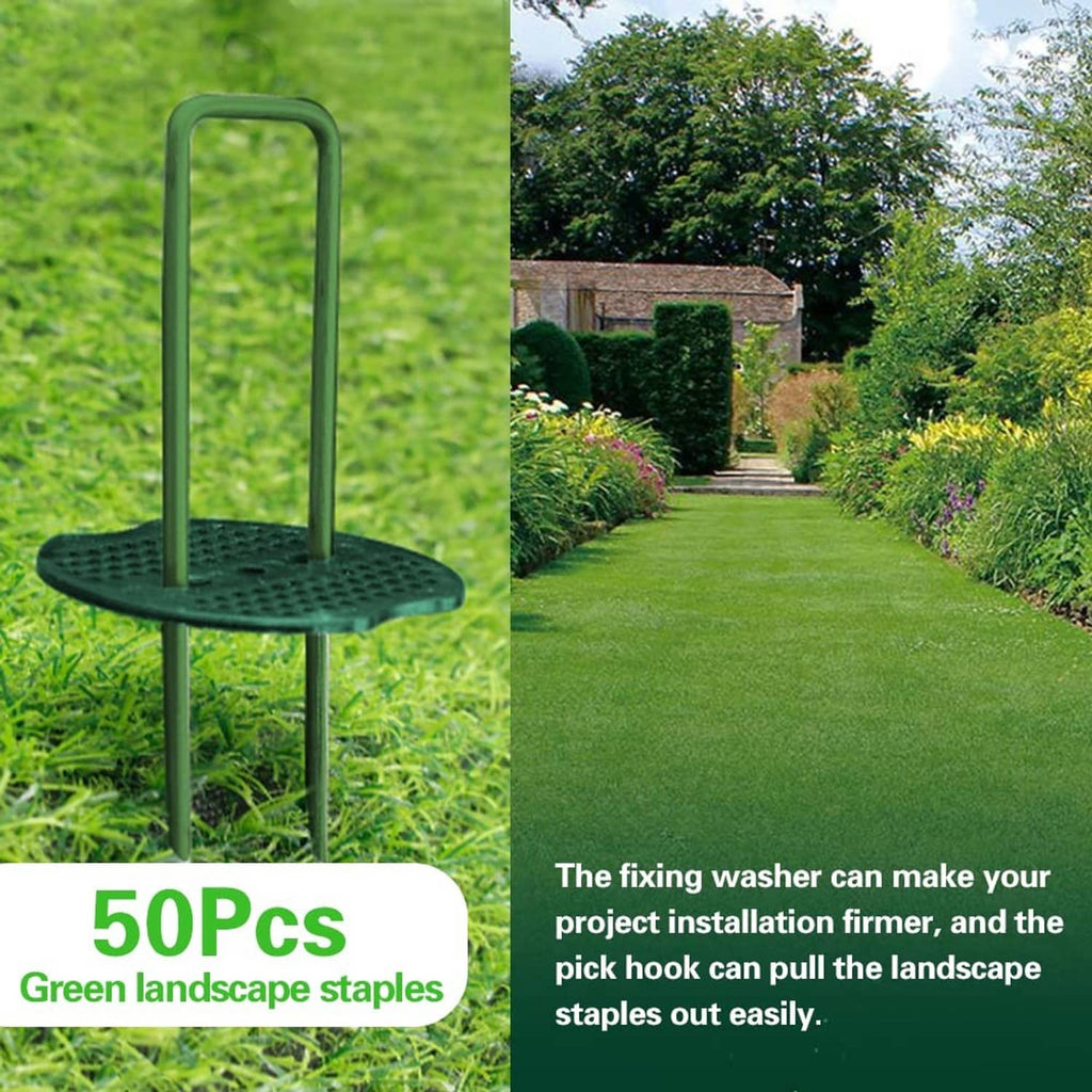 Green turf staple base with U-shaped stakes set into artificial grass