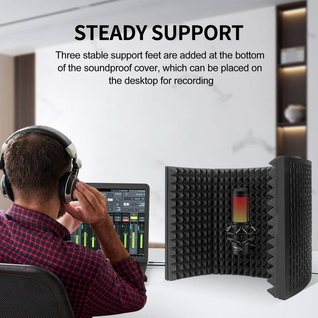 Microphone isolation shield with black acoustic foam panels and desk-mounted stand
