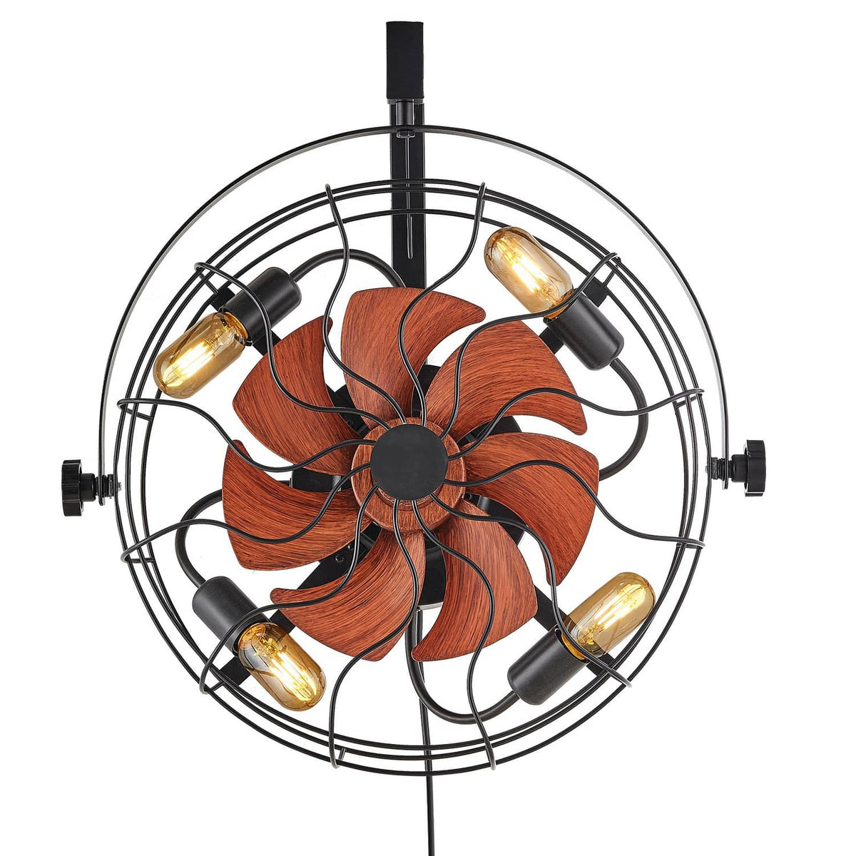 Wall-mounted fan with orange wood-look blades in black wire cage, 4 lit bulb holders