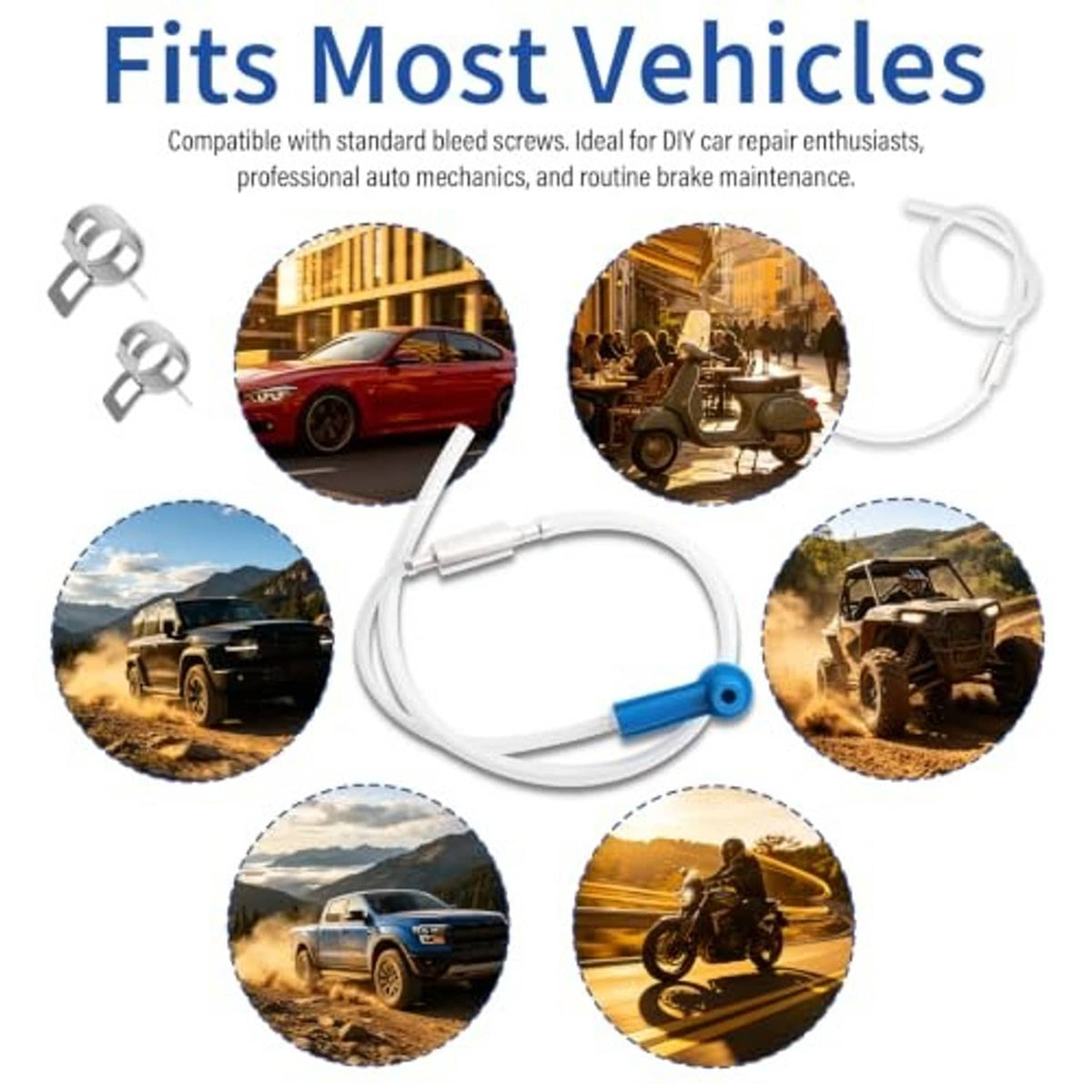 Brake bleeder hose kit with clear hose and blue quick-connect adapter for vehicles