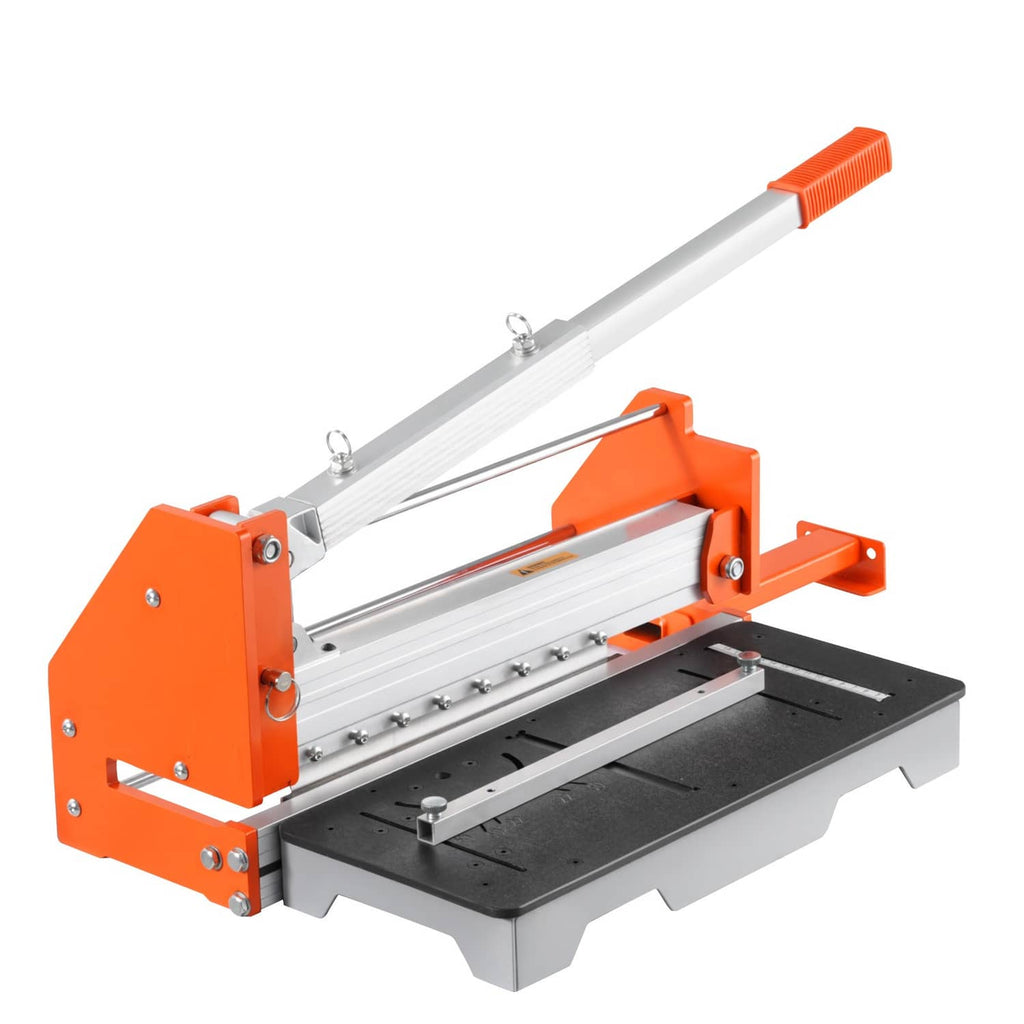 Vinyl flooring cutter tool with orange side plates and black press pad