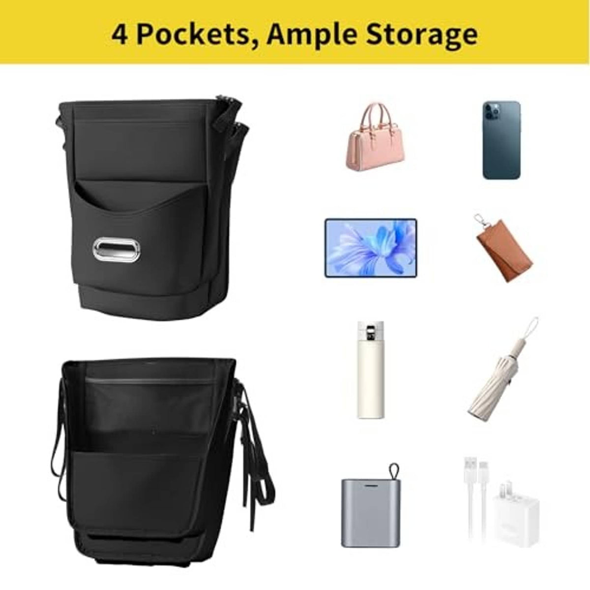 Black between-seat car organizer with 4 storage pockets and hanging side straps