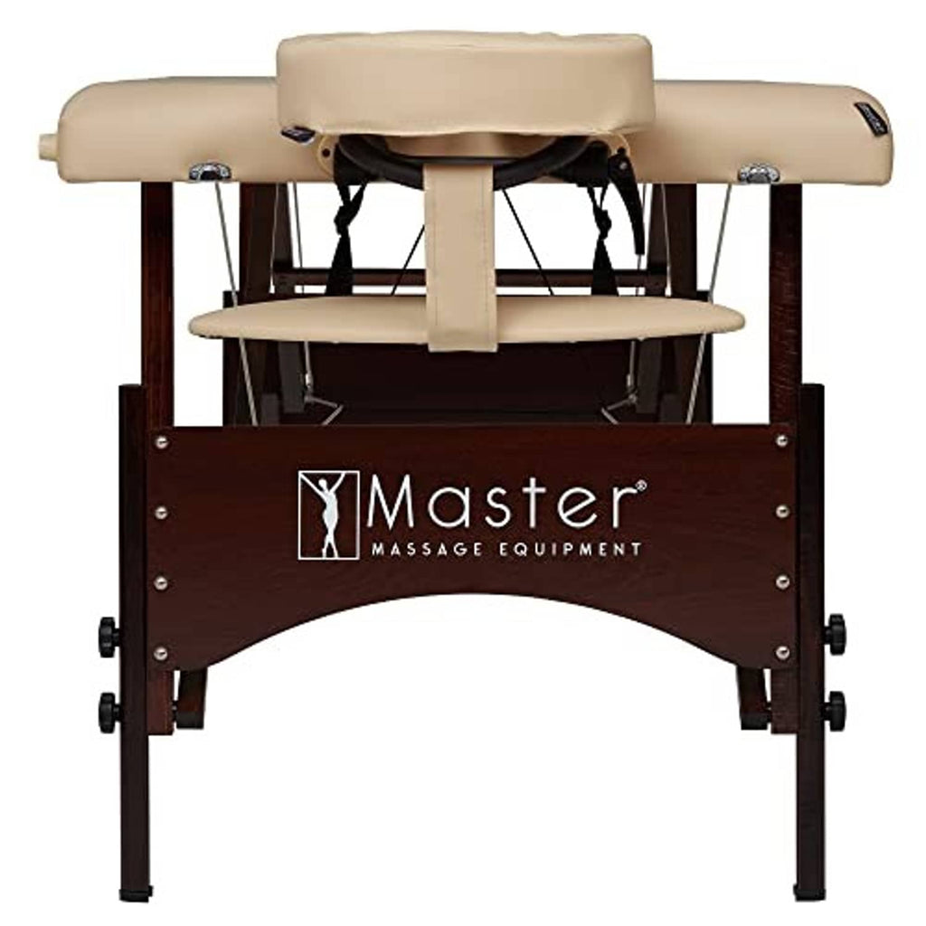 Front view of portable massage table with cream armrests and padded headrest, dark frame legs