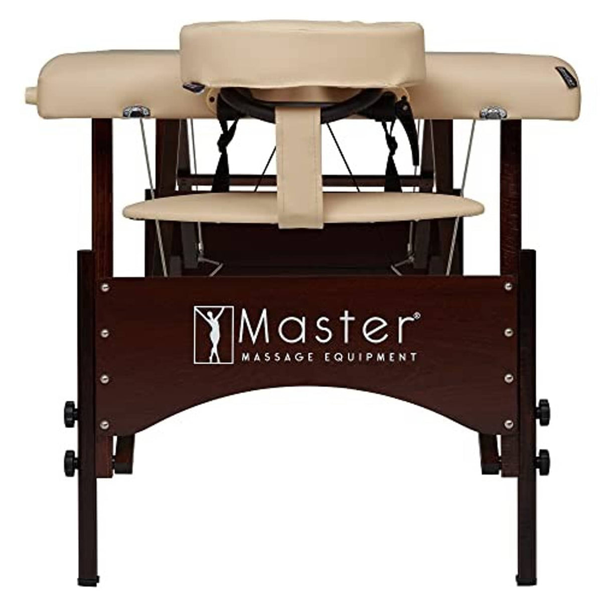 Front view of portable massage table with cream armrests and padded headrest, dark frame legs
