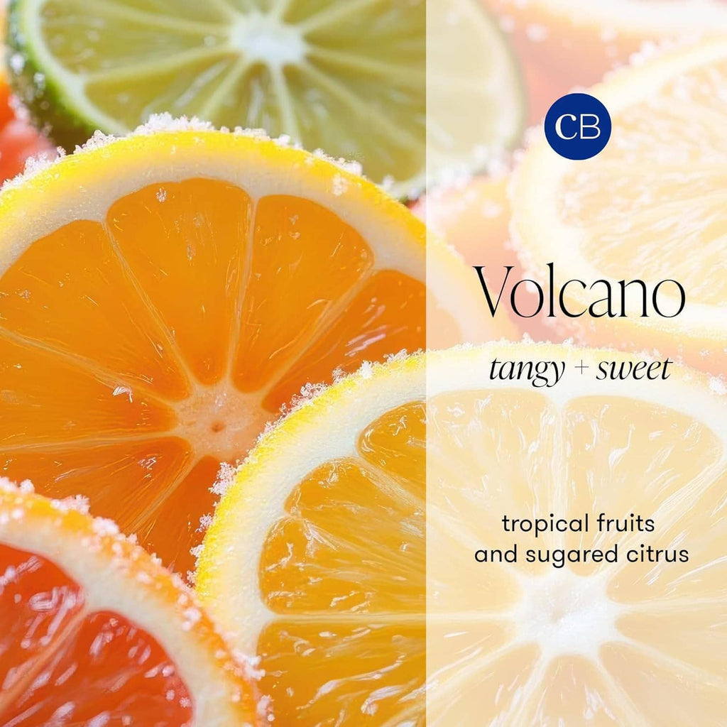 Volcano candle scent graphic with grapefruit and orange citrus cross-sections