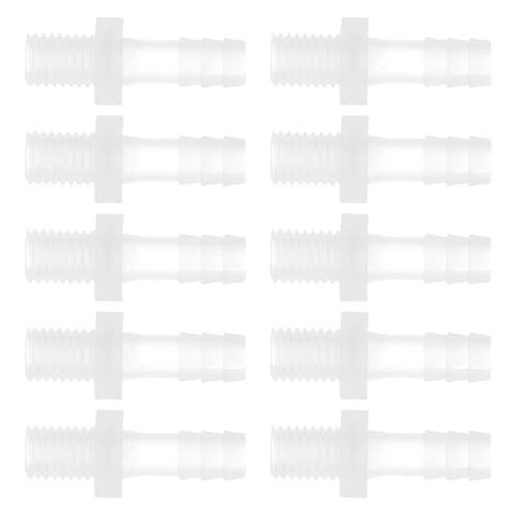 White plastic hose barb adapters with external M10 thread and 5/16 barbed end
