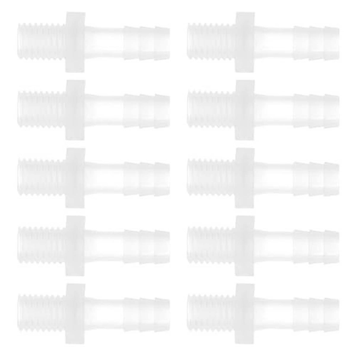 White plastic hose barb adapters with external M10 thread and 5/16 barbed end