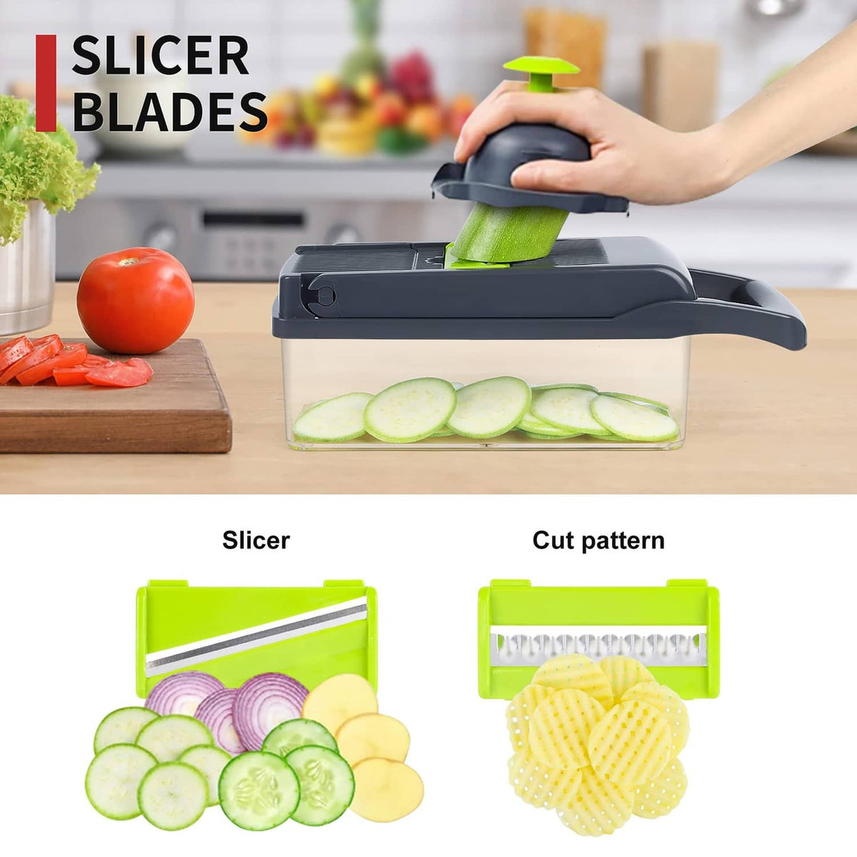 Gray slicer blade mandoline vegetable chopper with green guide plate and food tray.