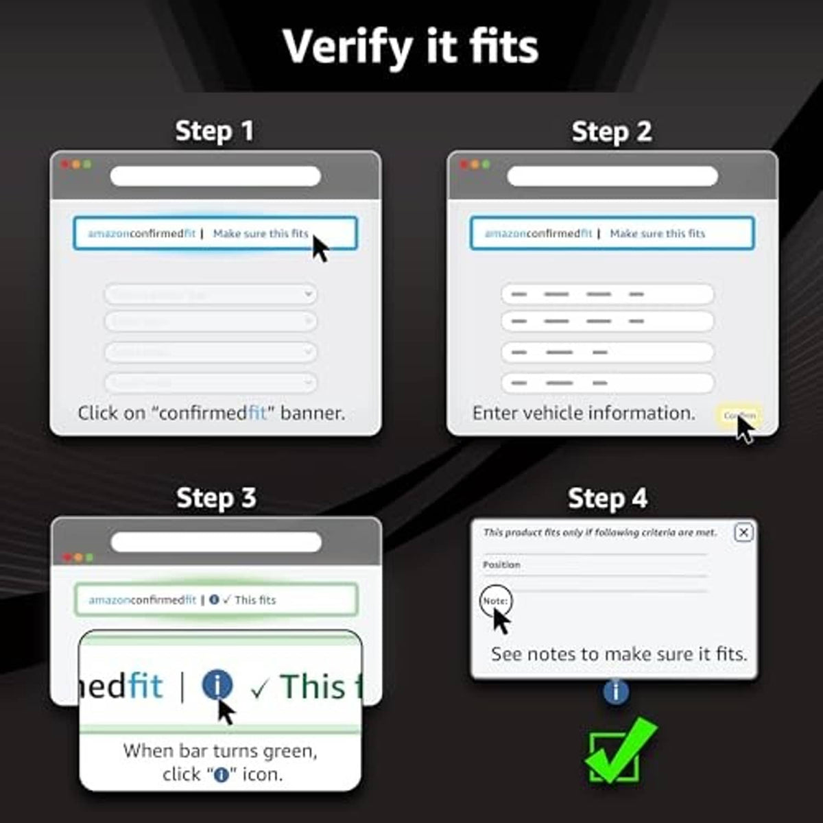 Brake pad fitment guide steps on screen with vehicle information prompts