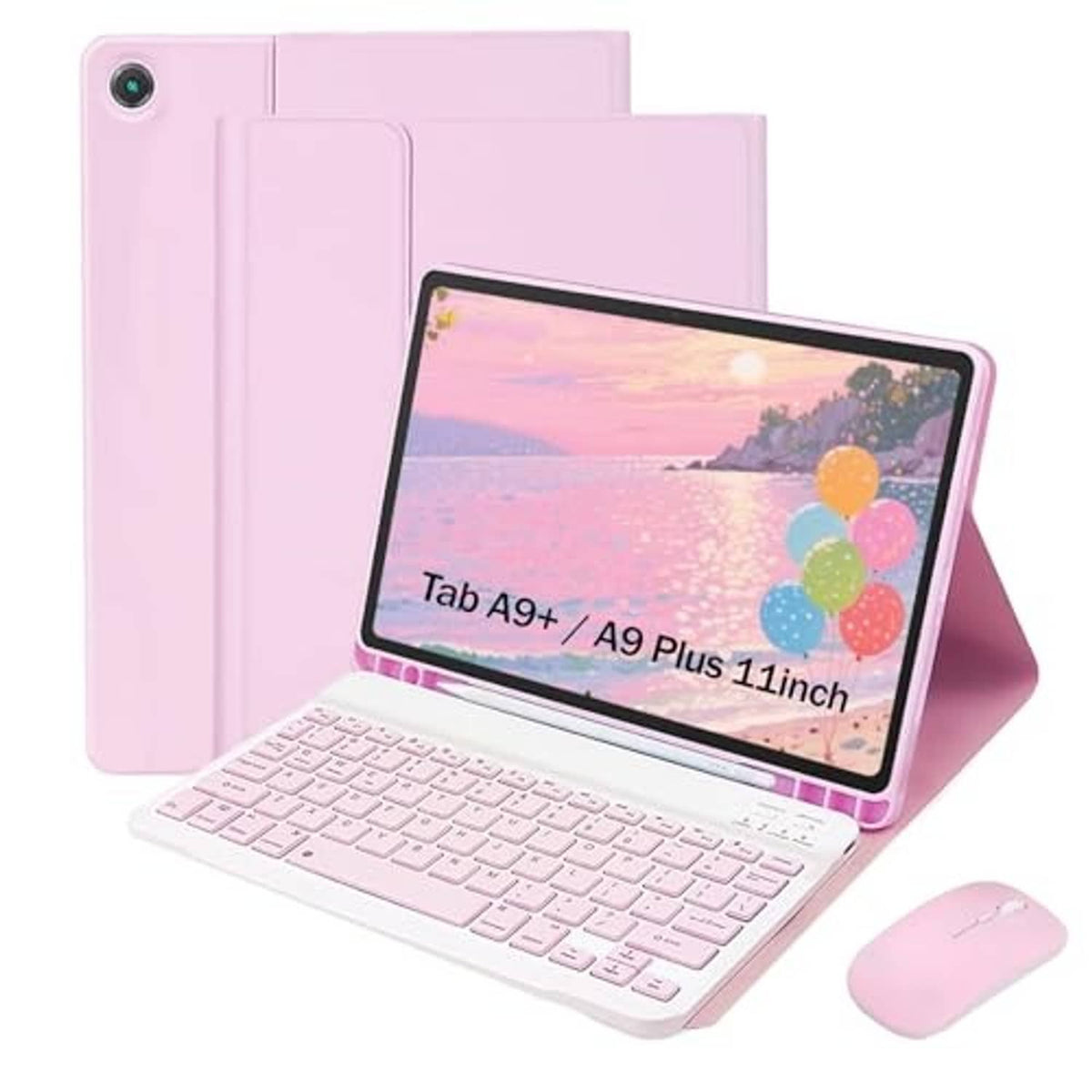 Pink folio tablet keyboard case opened with built-in kickstand, detachable keyboard and mouse