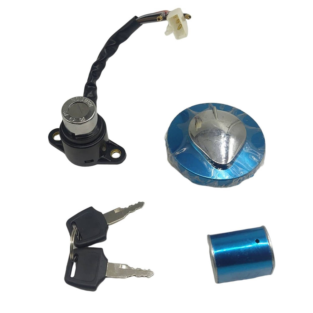 Ignition switch and fuel gas cap set with lock cylinder, keys, and blue cap insert