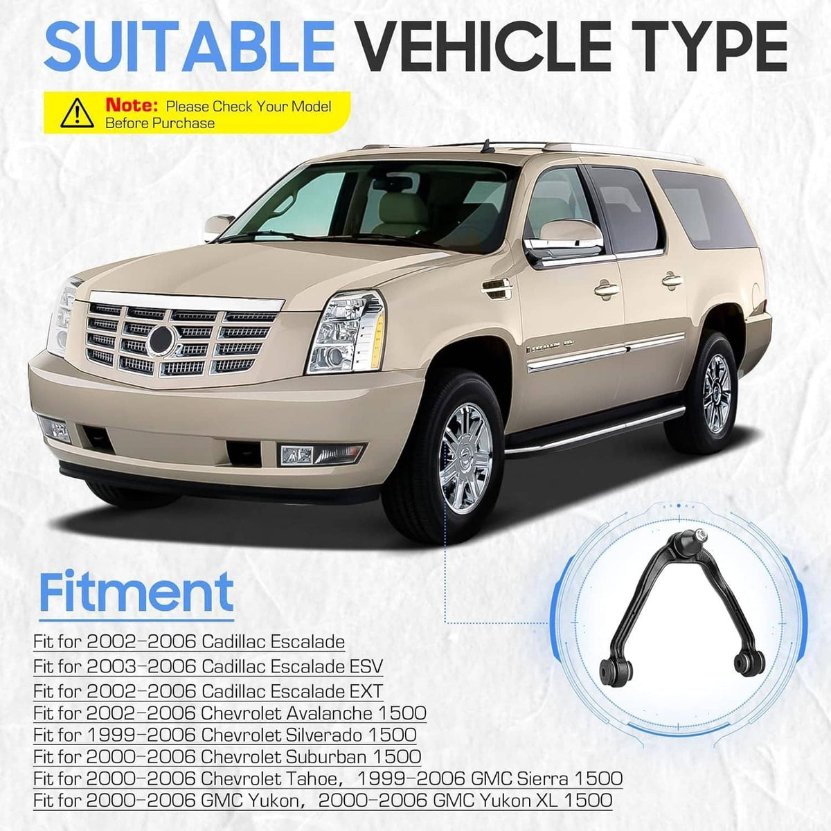 Black suspension control arm kit shown on a vehicle fitment diagram