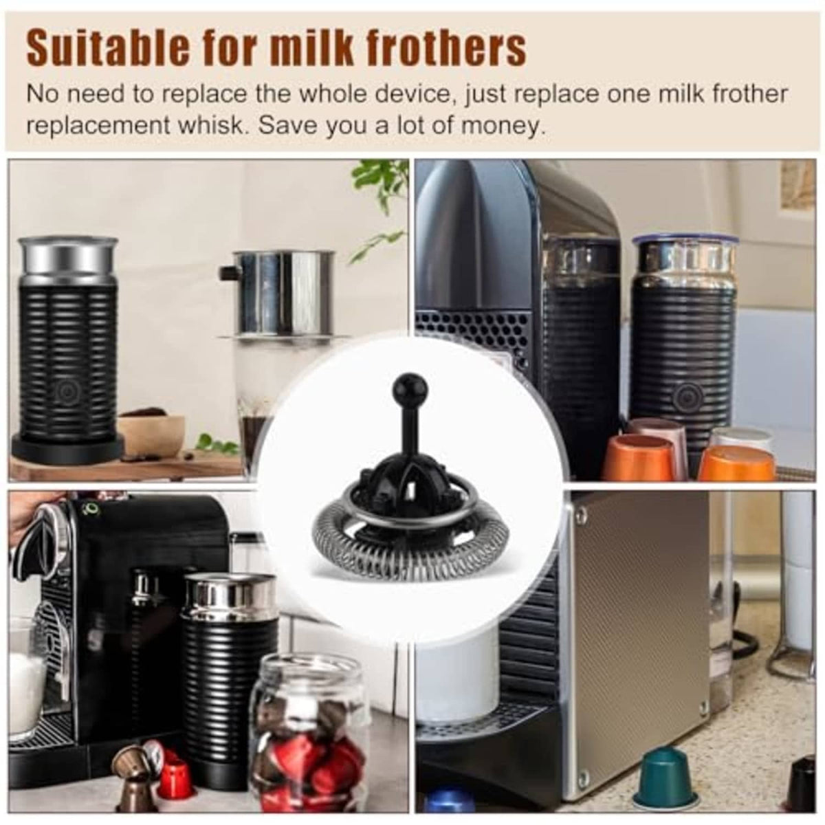 Black milk frother replacement whisk spring assembly for use with milk frothers