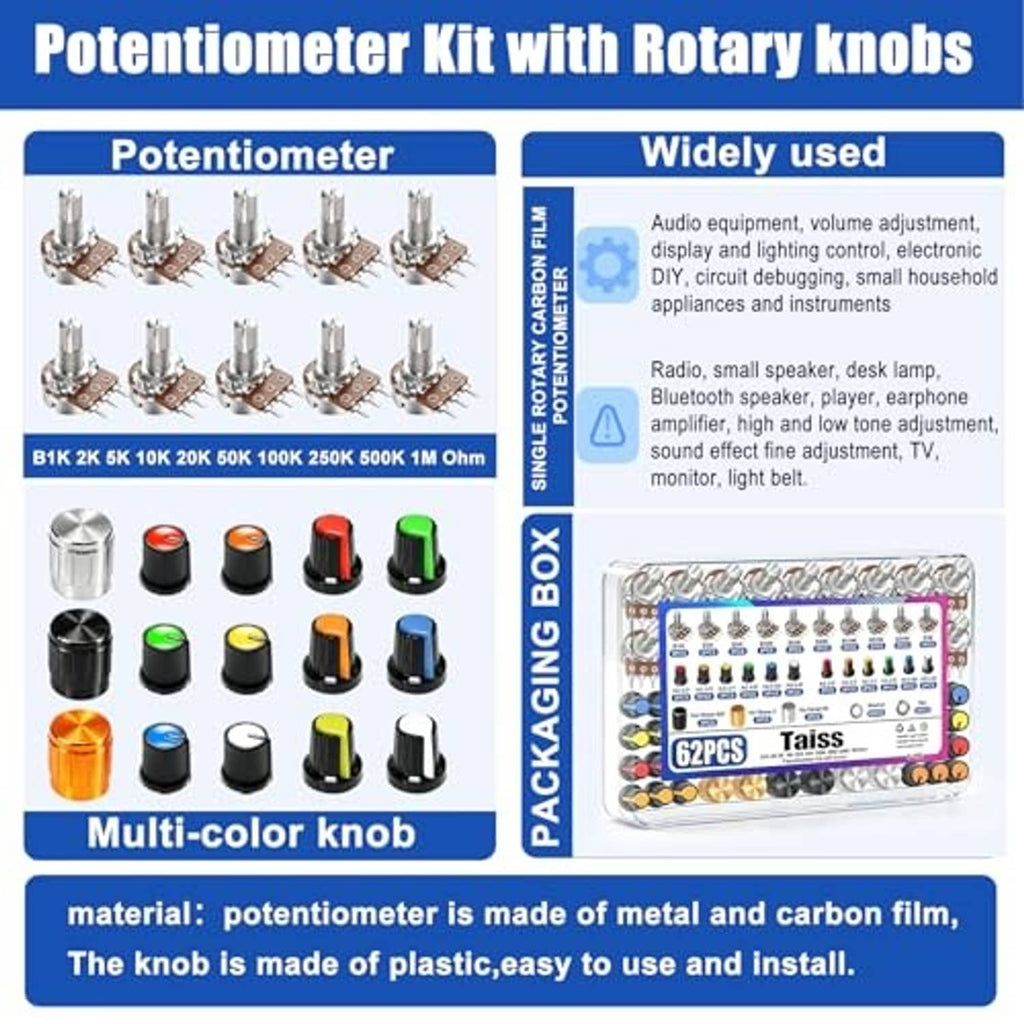 Potentiometer kit with rotary knobs, metal potentiometers, and multi-color knob set