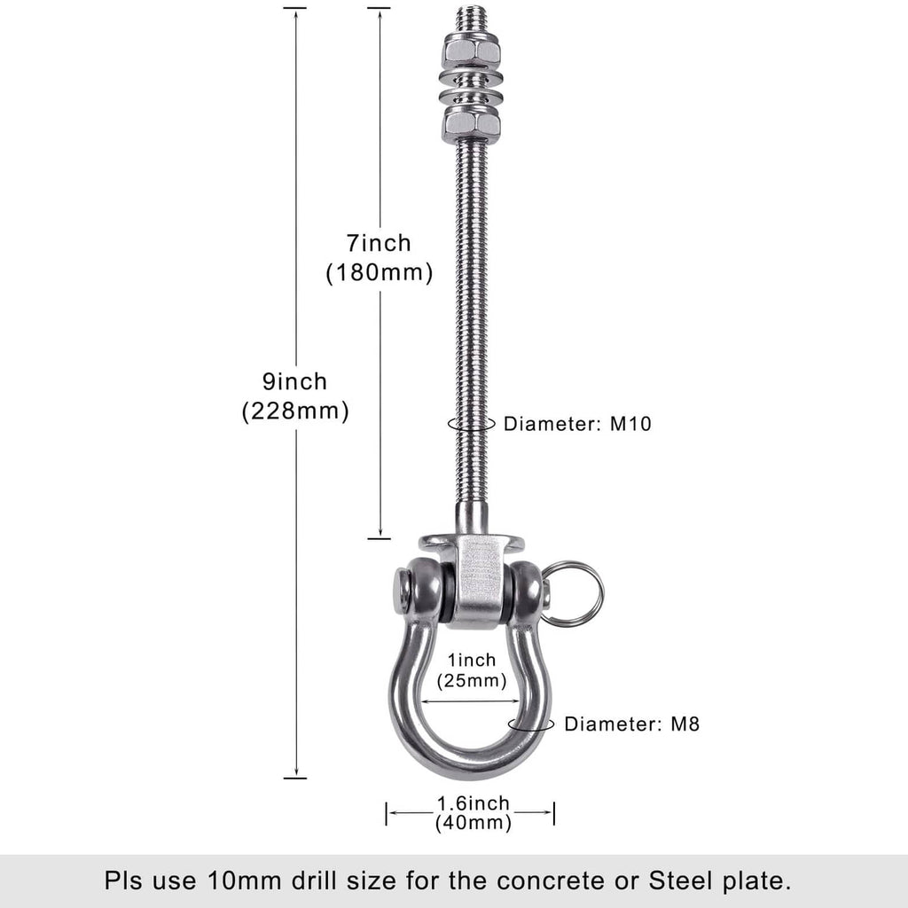Stainless steel swing hanger with M10 and M8 mounting dimensions diagram
