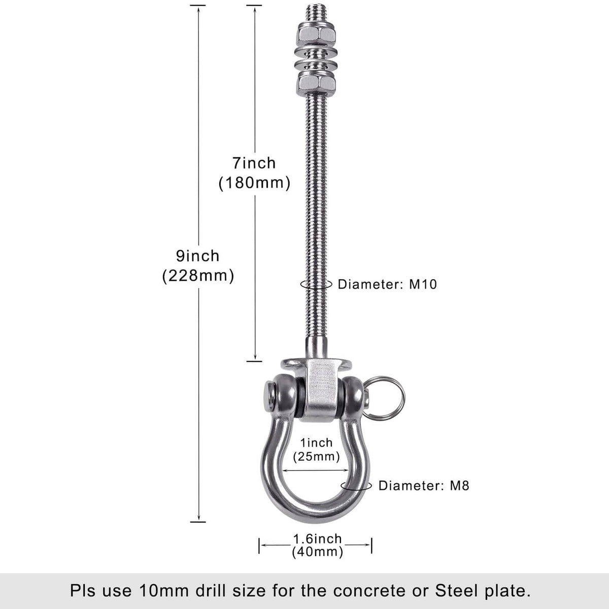 Stainless steel swing hanger with M10 and M8 mounting dimensions diagram