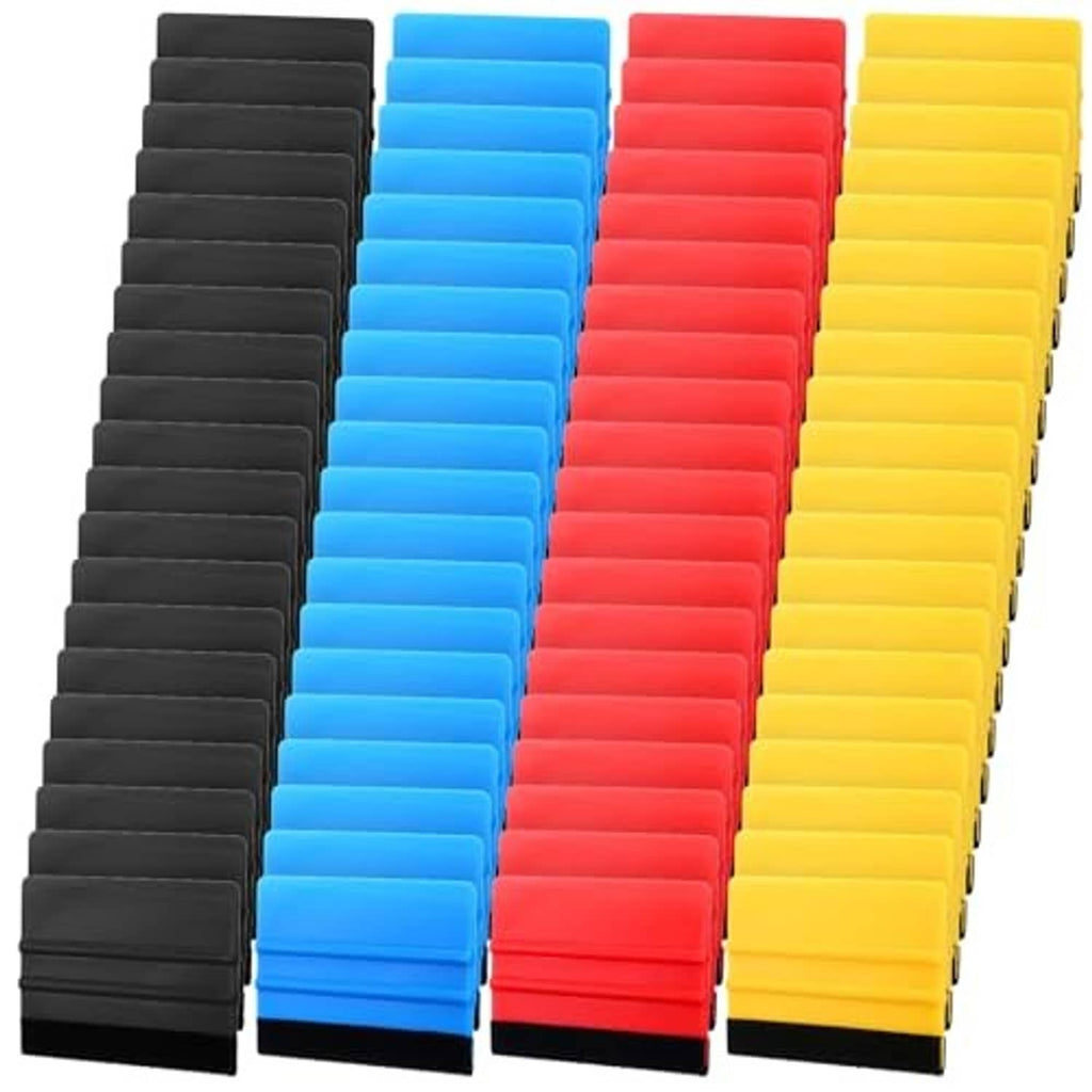 Window privacy film squeegee set, felt pads in black, blue, red, and yellow squeegee blocks