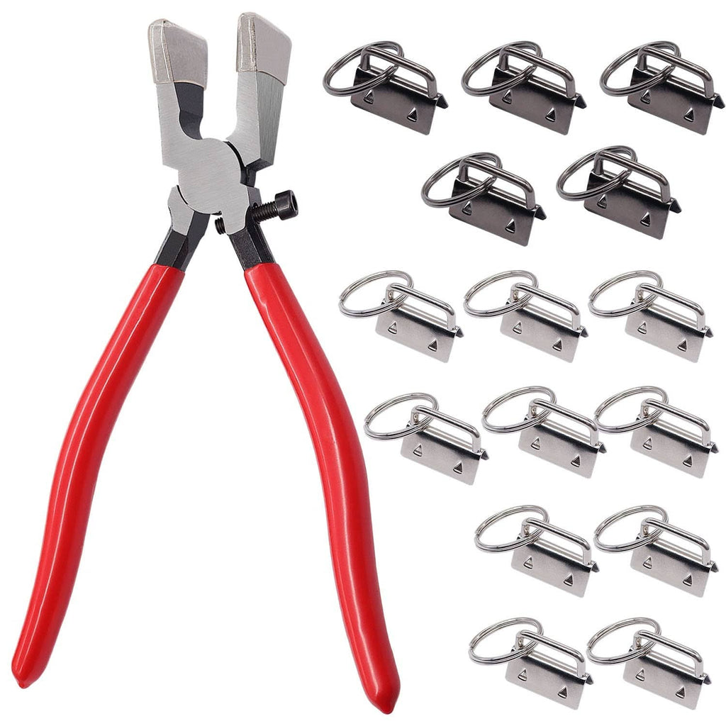Key fob hardware pliers set with silver clamps and red handles; 15-piece kit