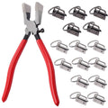 Key fob hardware pliers set with silver clamps and red handles; 15-piece kit