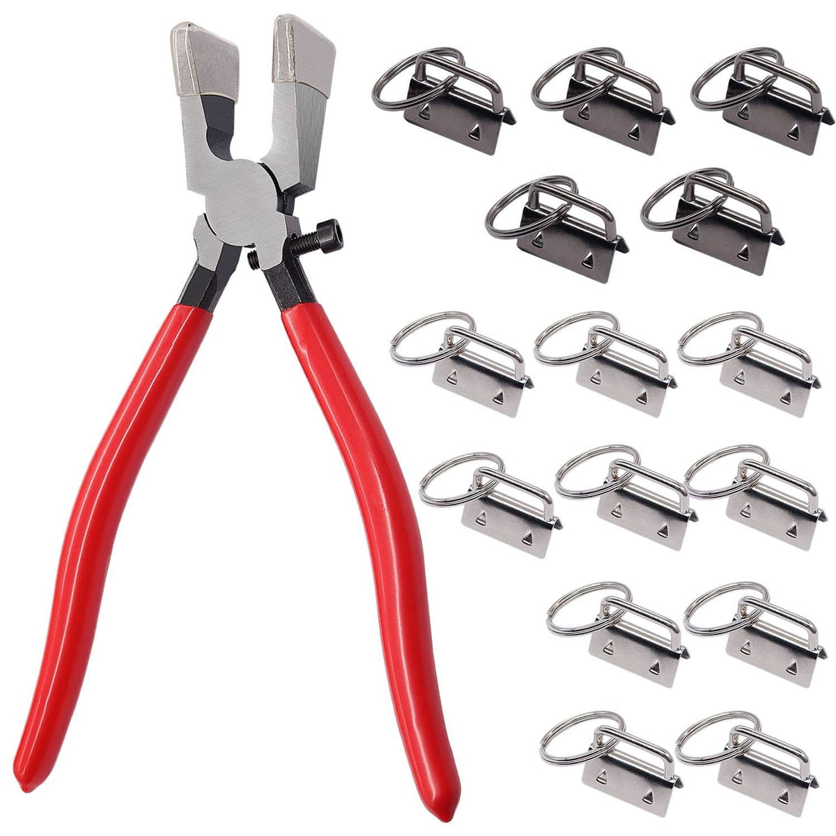 Key fob hardware pliers set with silver clamps and red handles; 15-piece kit