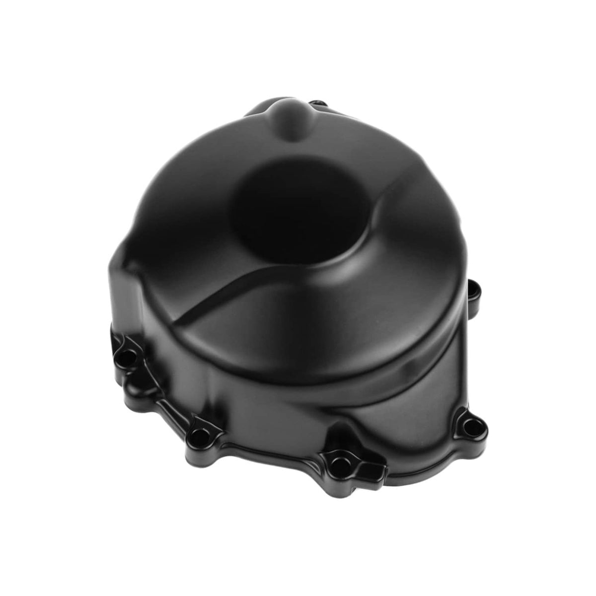 Left crankcase stator cover with black finish and multiple bolt mounting points.