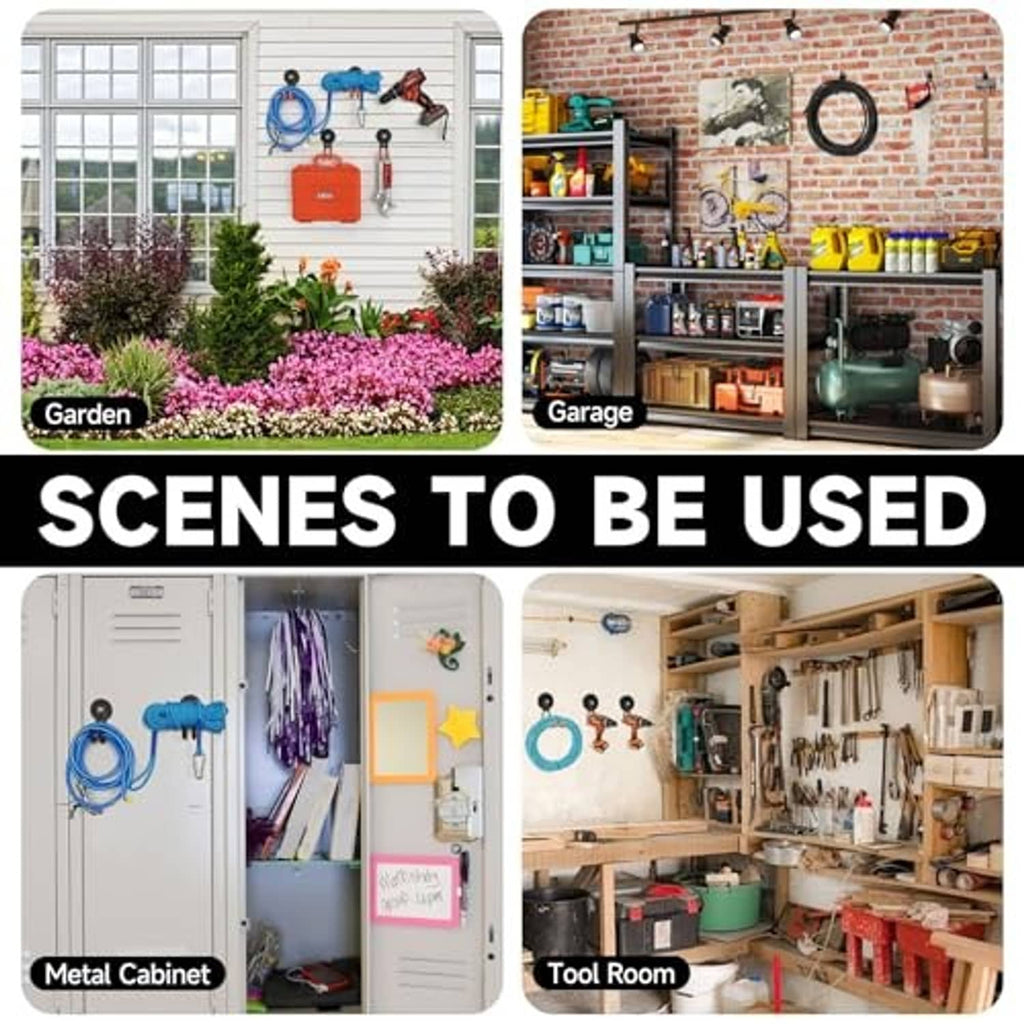 Four black magnetic hooks mounted on walls for hanging items in garden and garage