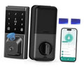 Keyless smart deadbolt lock with keypad and fingerprint reader, grey-black body