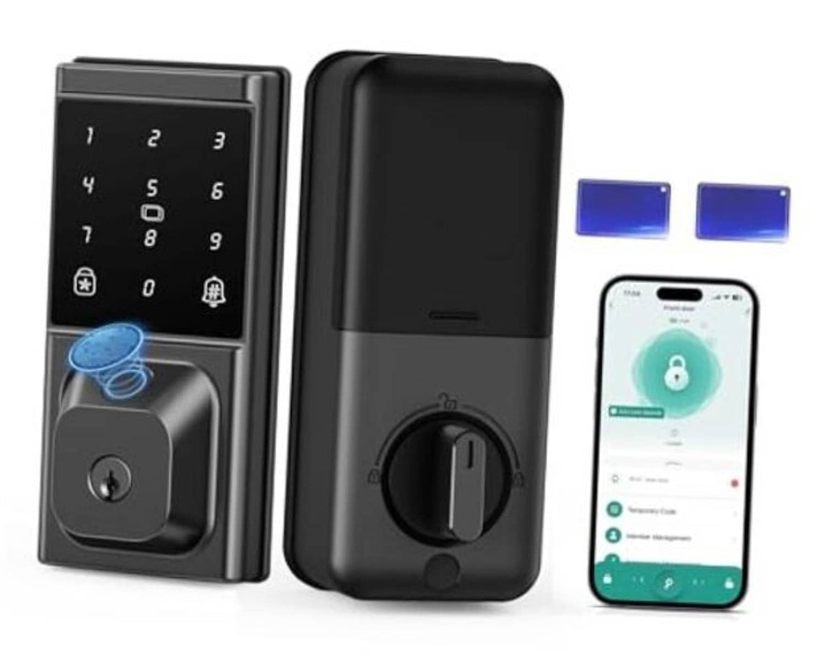 Keyless smart deadbolt lock with keypad and fingerprint reader, grey-black body