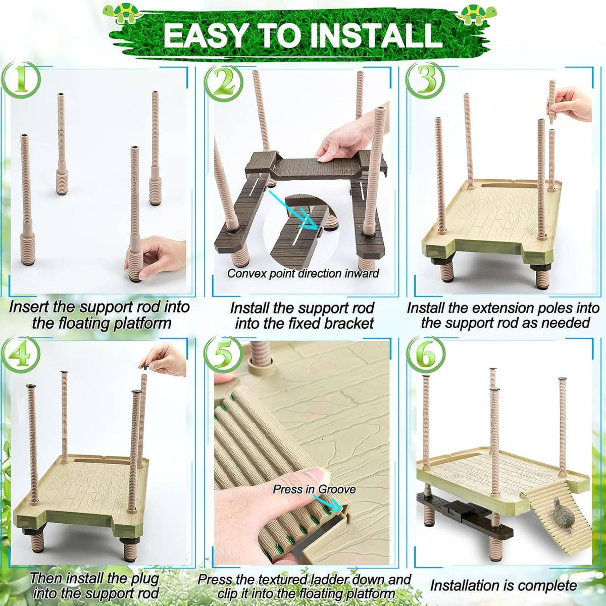 Floating turtle dock with textured ramp board and spring clips for installation