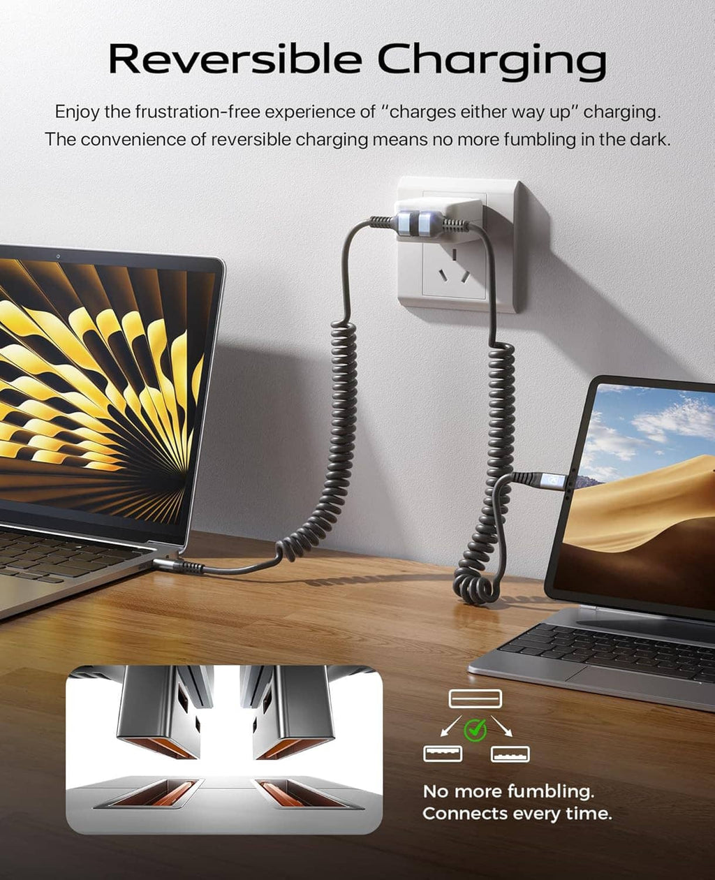 Coiled USB-A to USB-C charging cable with 90-degree ends, black