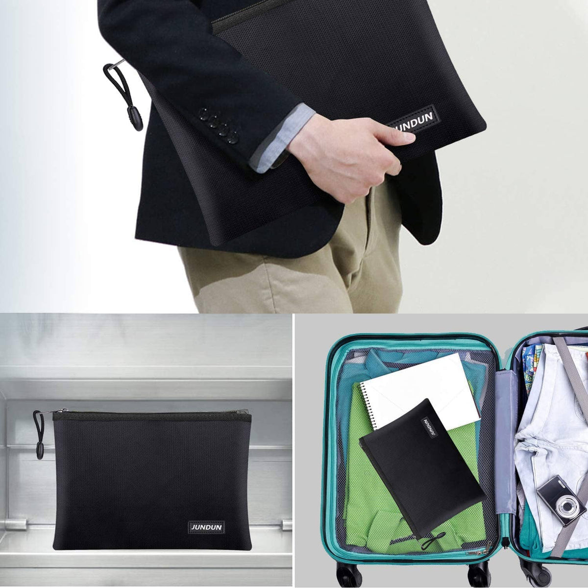 Black fireproof document bag with zip top, JUNDUN logo, open to store files and folders.