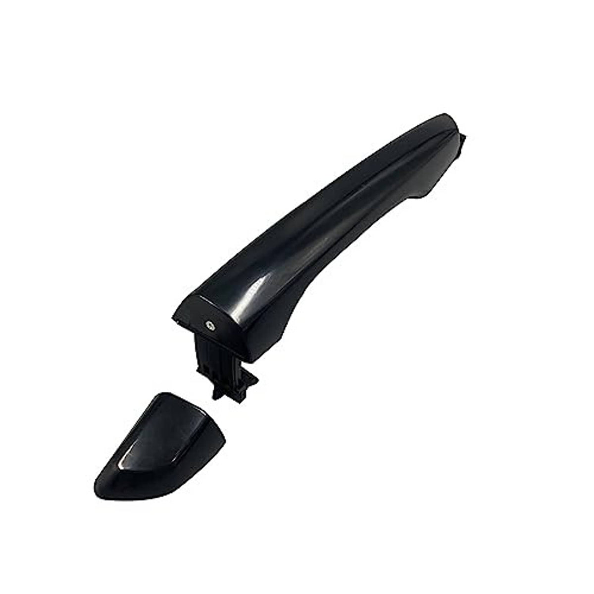 Black exterior door handle with separate insert cap and mounting bracket underside