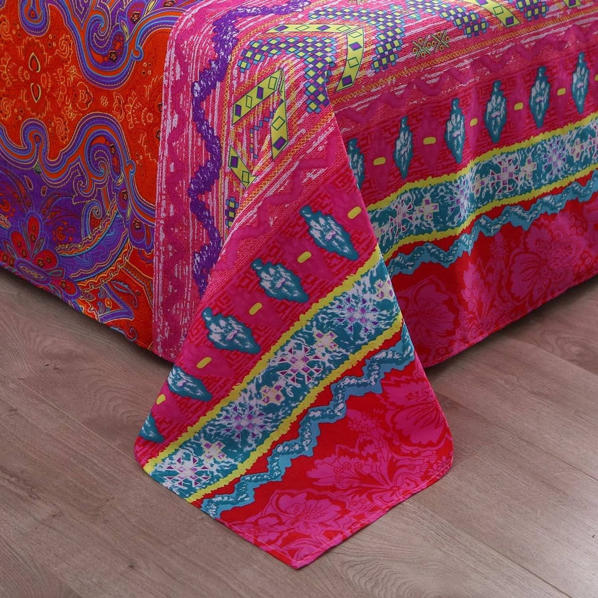 Boho paisley flat sheet with bright multicolor motif and decorative border
