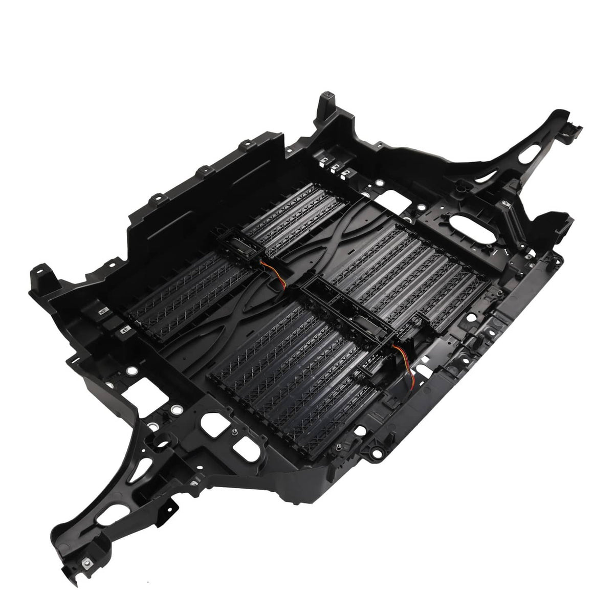 Active grille shutter assembly with motor mounting and multiple black grille fins